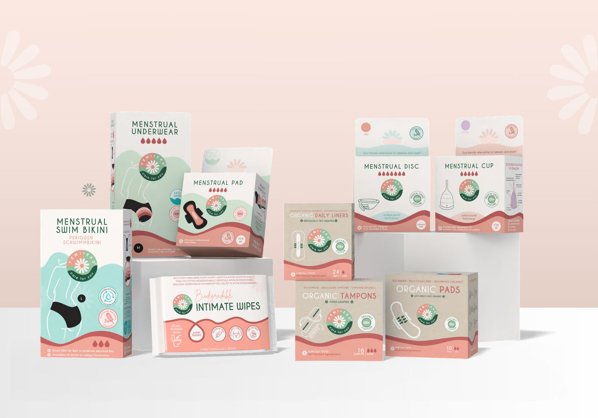 Femieko-produkter: menstrosor, bindor, tamponger, mensdisk och menskopp