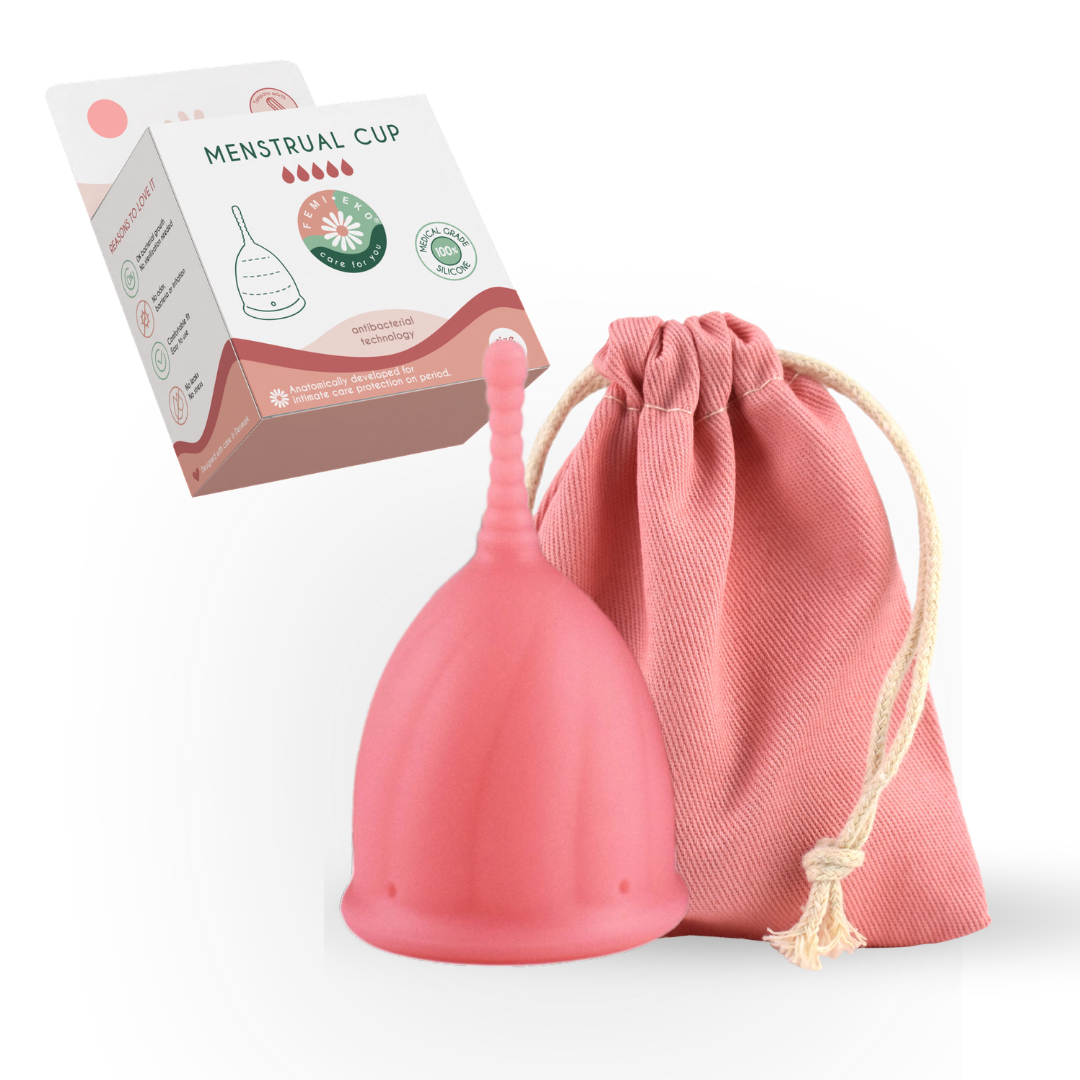 Femieko menstruationskop pink Str S med emballage | pink menstrual cup size S with packaging