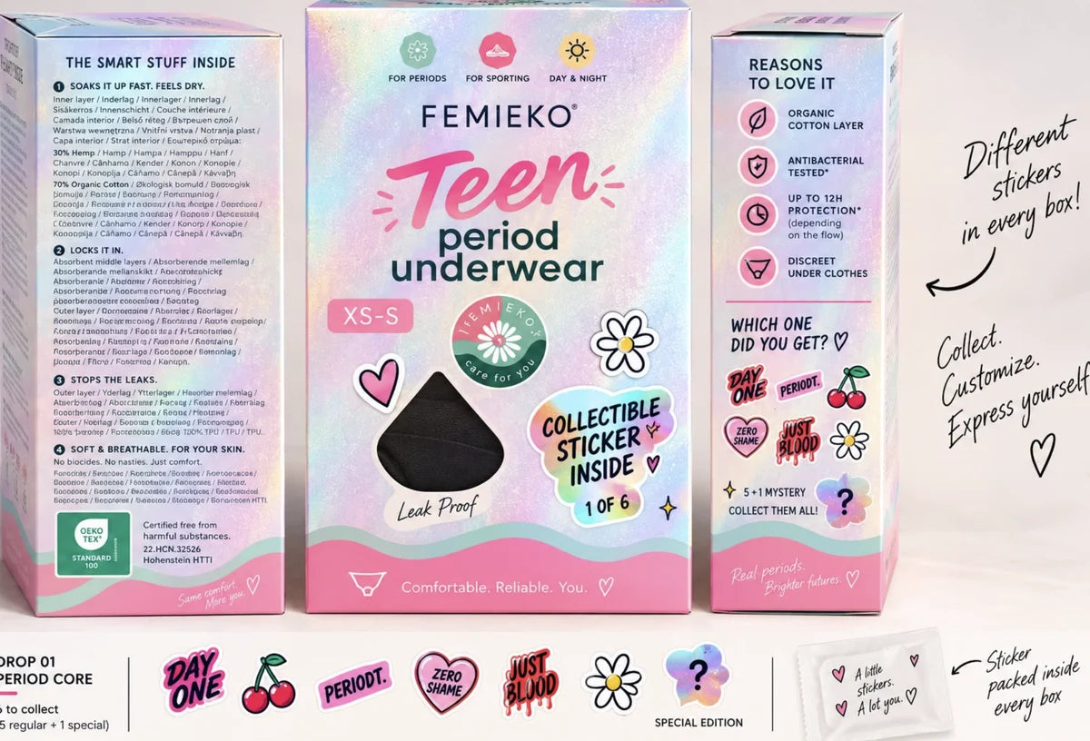 Femieko Teen-förpackning och samlarklistermärken i originaldesignen